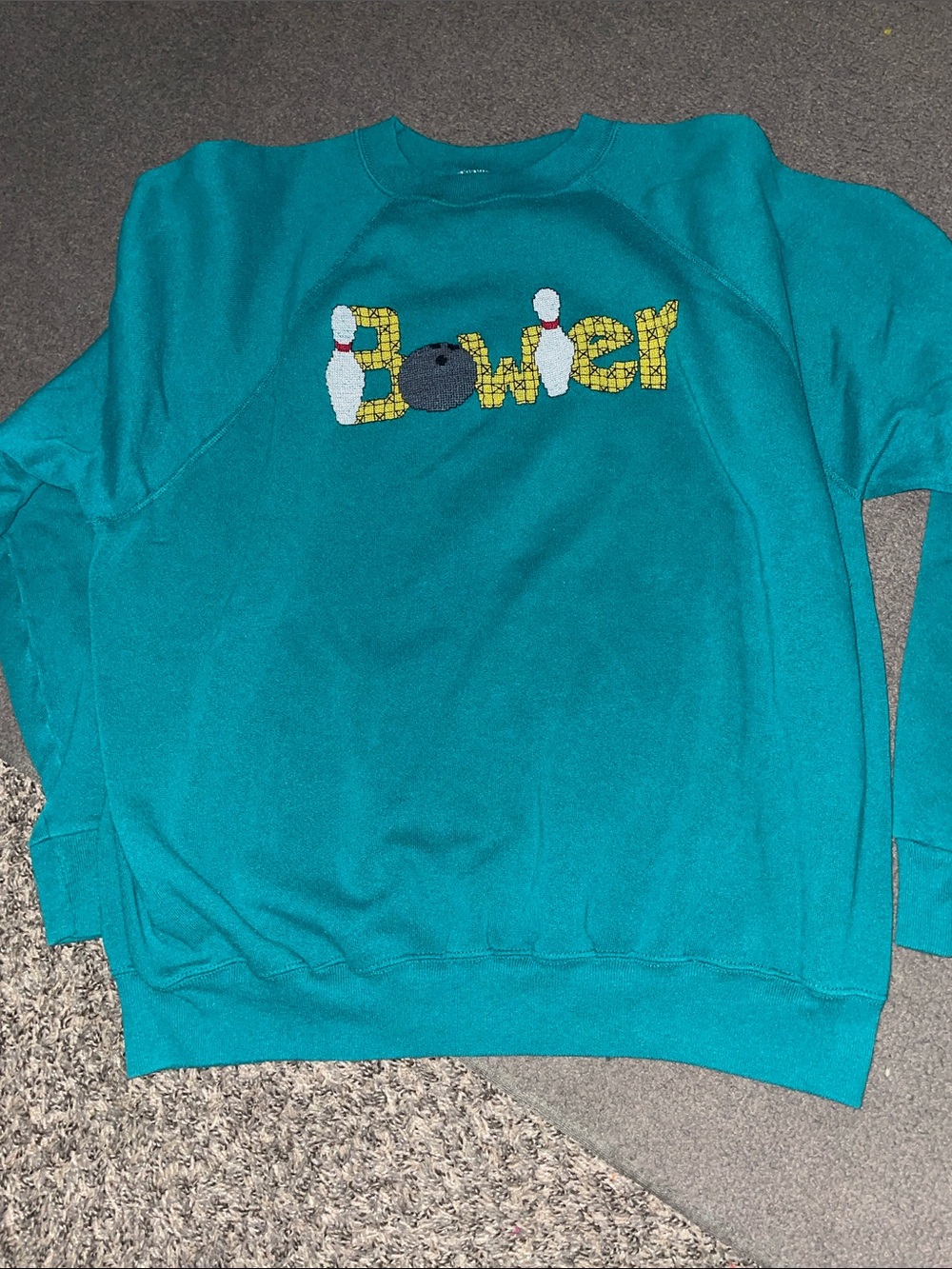 Vintage 90s XL Tultex Teal 'Bowler' Graphic Women's Sweatshirt